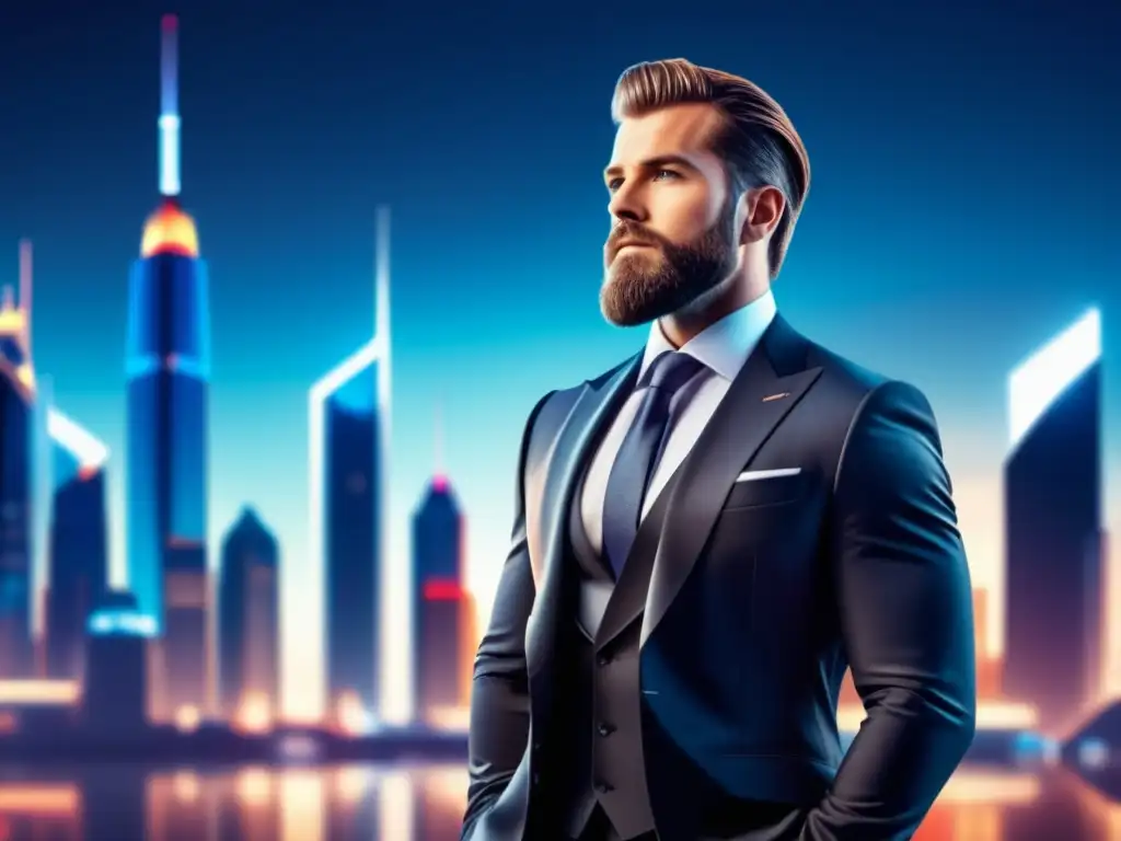 Imagen: Hombre elegante frente a ciudad futurista, equilibrio hormonal y estilo masculino