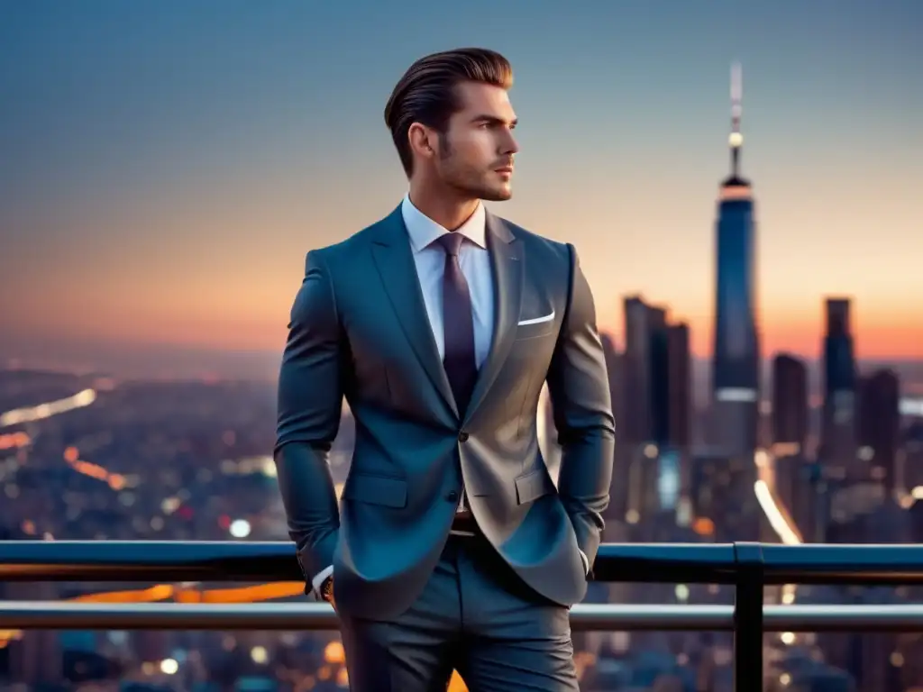 Modelo masculino elegante en ciudad al atardecer, destacando beneficios de campaña publicitaria en moda masculina