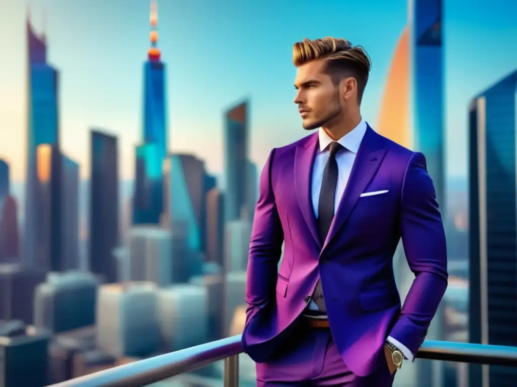 Moda masculina tendencias sociedad: modelo en traje slimfit en ciudad moderna