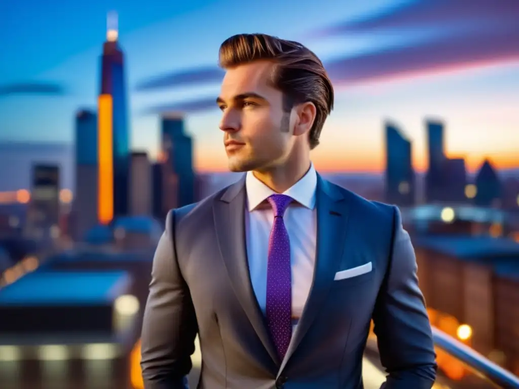 Hombre elegante en la ciudad al atardecer, capturando la elegancia masculina