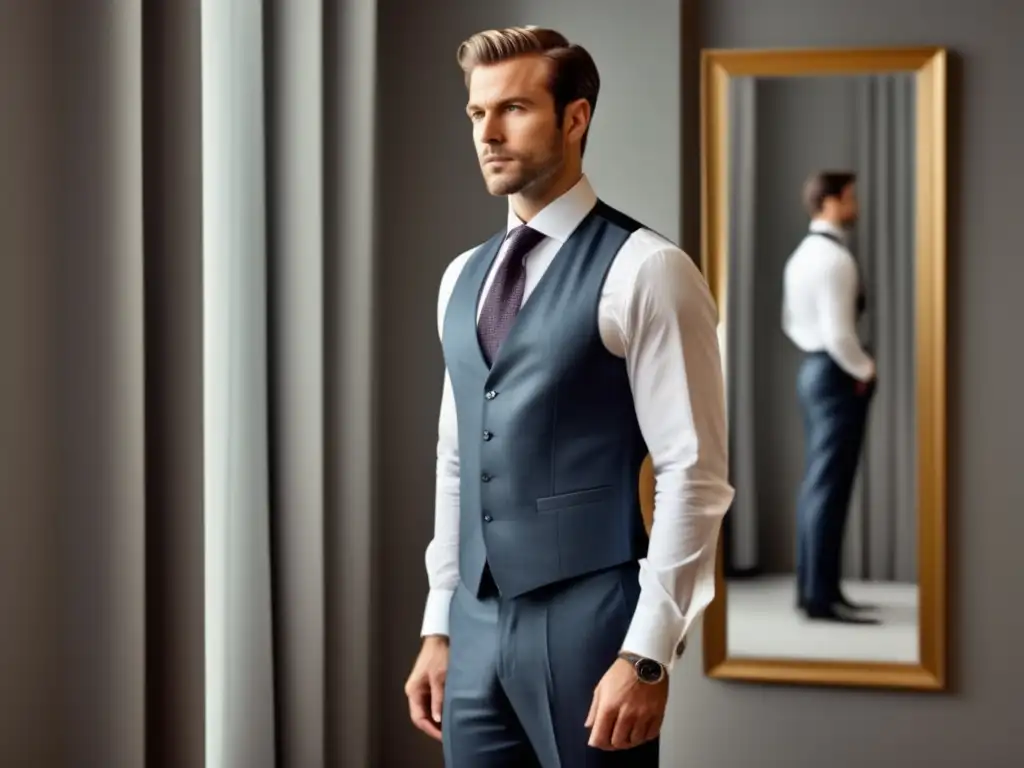 Hombre elegante frente a espejo, estilo y autoestima: Consejos estilo masculino autoestima