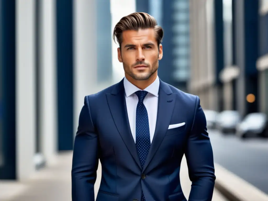 Hombre elegante en entorno urbano, con traje azul marino, camisa blanca, corbata estampada