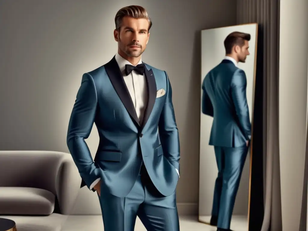 Moda masculina para mejorar autoestima: Hombre elegante y seguro de sí mismo frente al espejo, reflejando su estilo personal