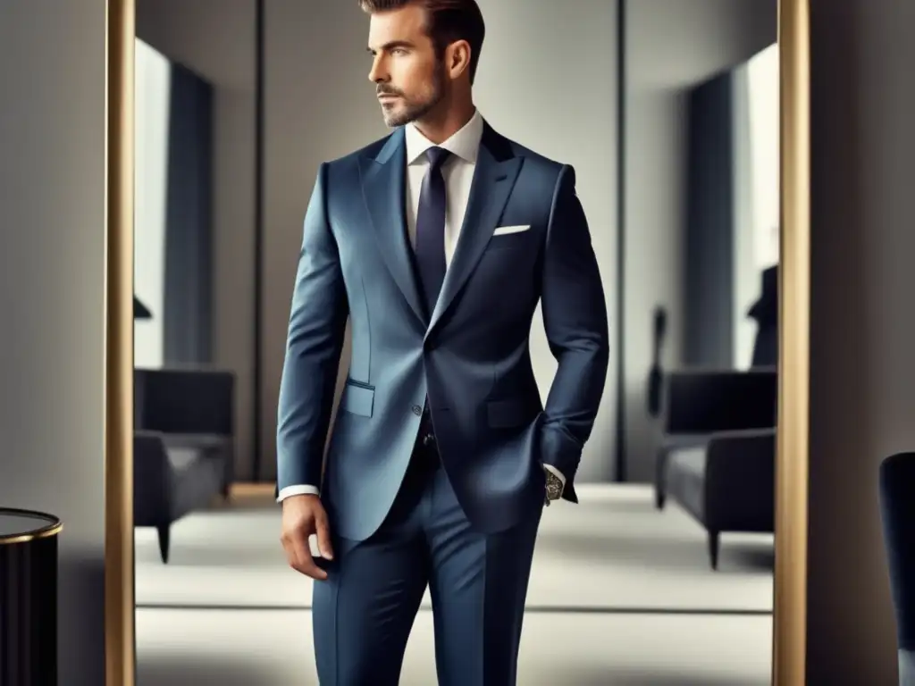 Moda masculina y autoestima: hombre elegante frente al espejo, reflejando confianza y estilo propio