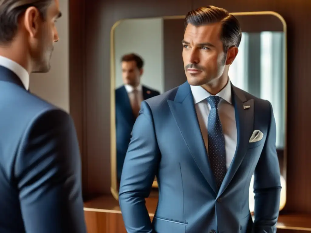 Hombre elegante en espejo, traje a medida, detalles finos, estilo masculino, Psicología del estilo masculino