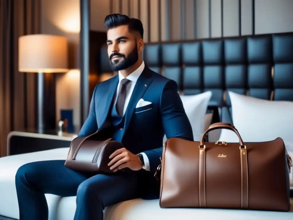 Hombre elegante en hotel de lujo Hombre bien arreglado en una habitación de hotel de lujo, rodeado de elementos de viaje modernos y elegantes