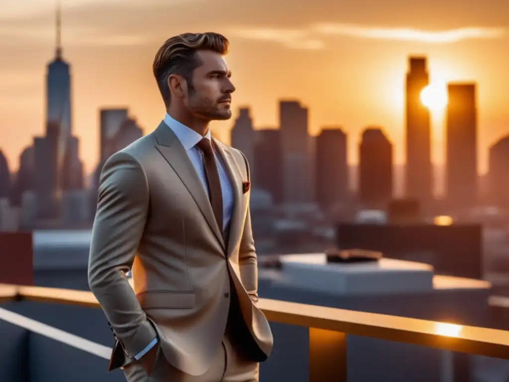 Hombre elegante y poderoso en la azotea al atardecer