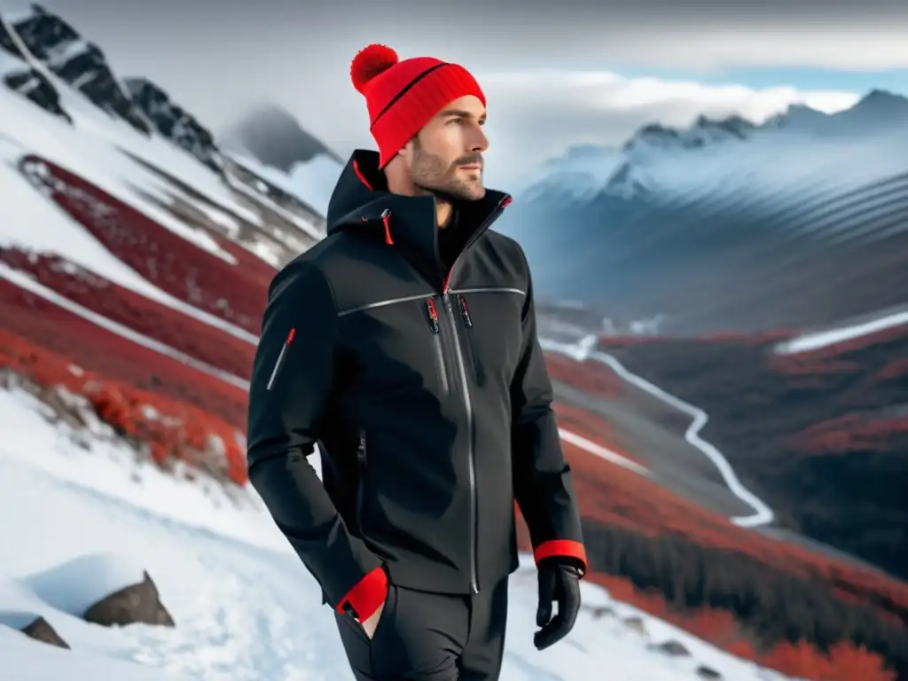 Ropa de montaña para hombres elegantes en paisaje nevado