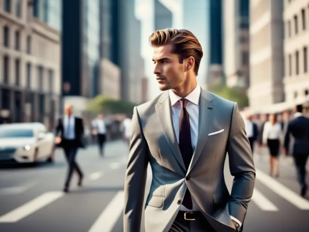 Modelo masculino elegante en traje paseando por la ciudad, reflejando estrategias de branding en moda masculina