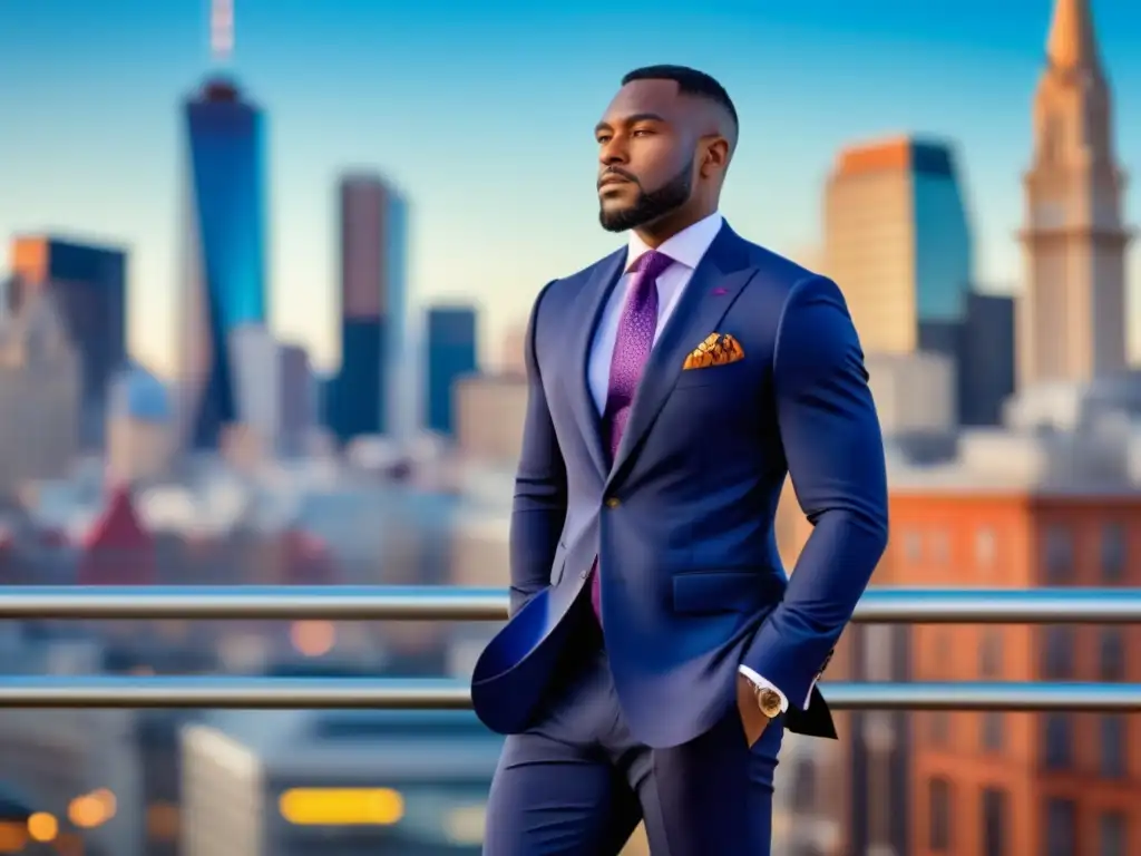 Hombre elegante en ciudad con traje azul marino, ampliando autoestima y estilo masculino