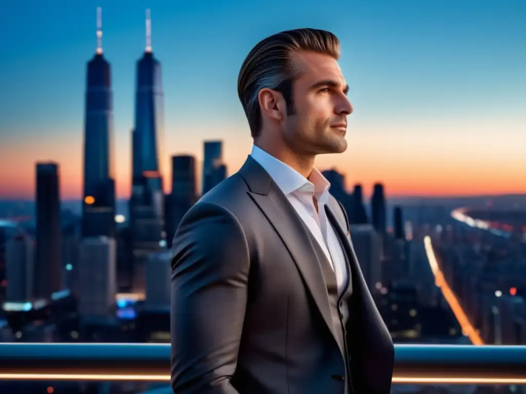 Fotografía estilo masculino elegante en ciudad moderna al atardecer