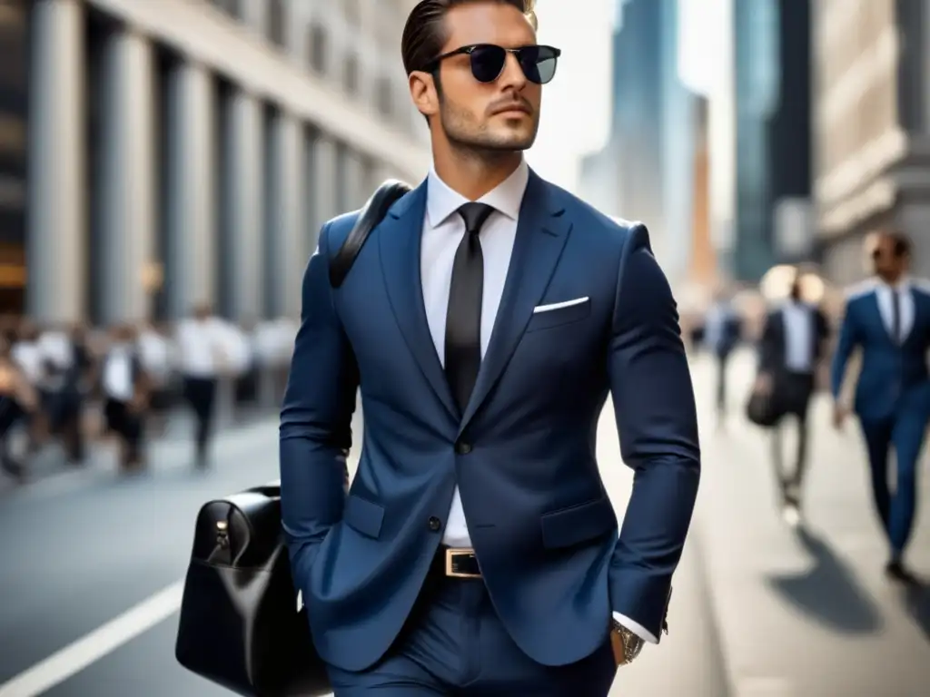 Consejos de moda masculina para viajar: hombre moderno en la ciudad con traje azul y maleta de cuero