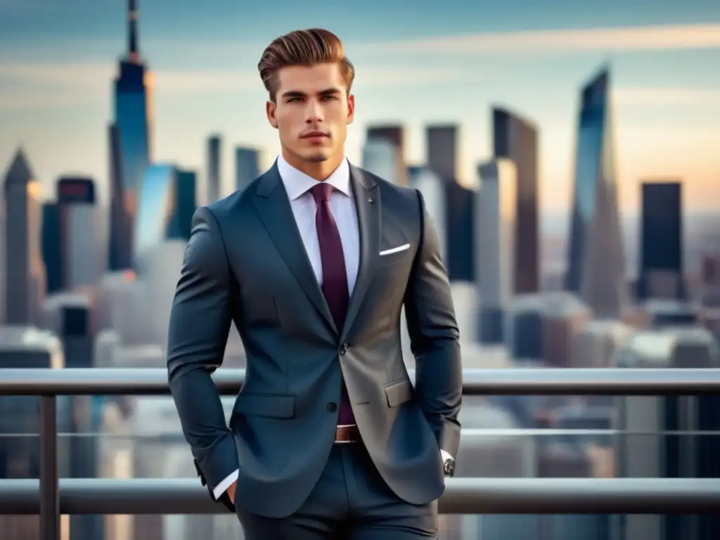 Joven seguro y elegante en traje masculino, frente a una ciudad moderna que simboliza la moda masculina para superar la presión social