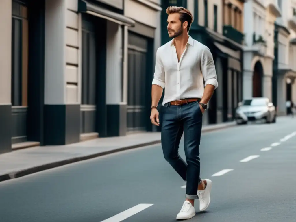 Estilo urbano casual para hombre durante sus viajes Tendencias moda masculina viajes ciudad: Hombre estiloso paseando por la ciudad con outfit casual, confianza y estilo sin esfuerzo