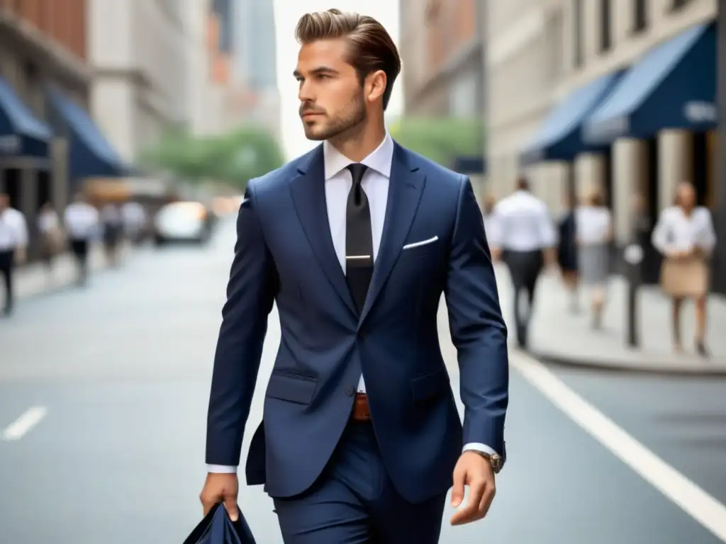 Hombre urbano en traje azul, elegante y sofisticado en una ciudad vibrante