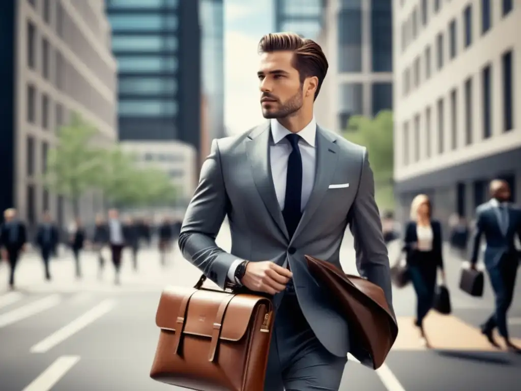 Hombre elegante en traje con bolsos de hombre tendencias actuales