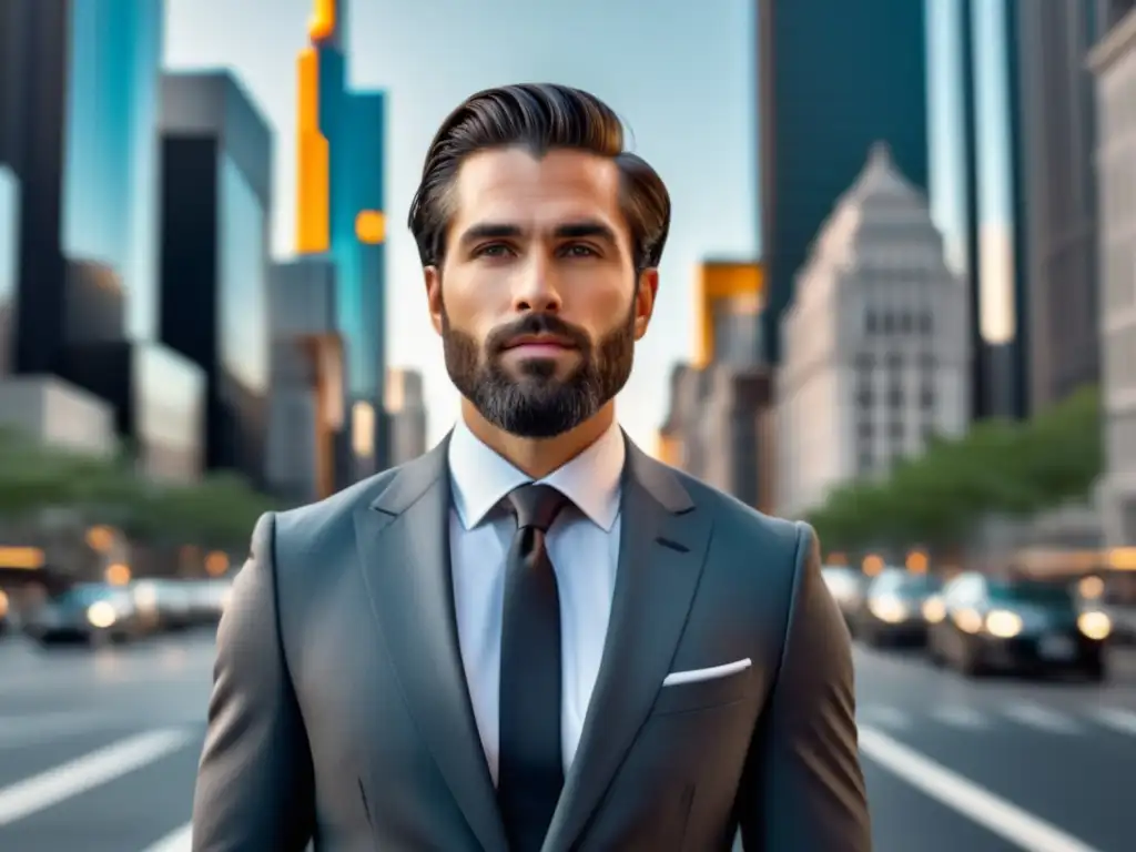 Capturar estilo masculino en fotos: Hombre moderno y sofisticado en una ciudad vibrante, con traje gris, camisa blanca y corbata negra