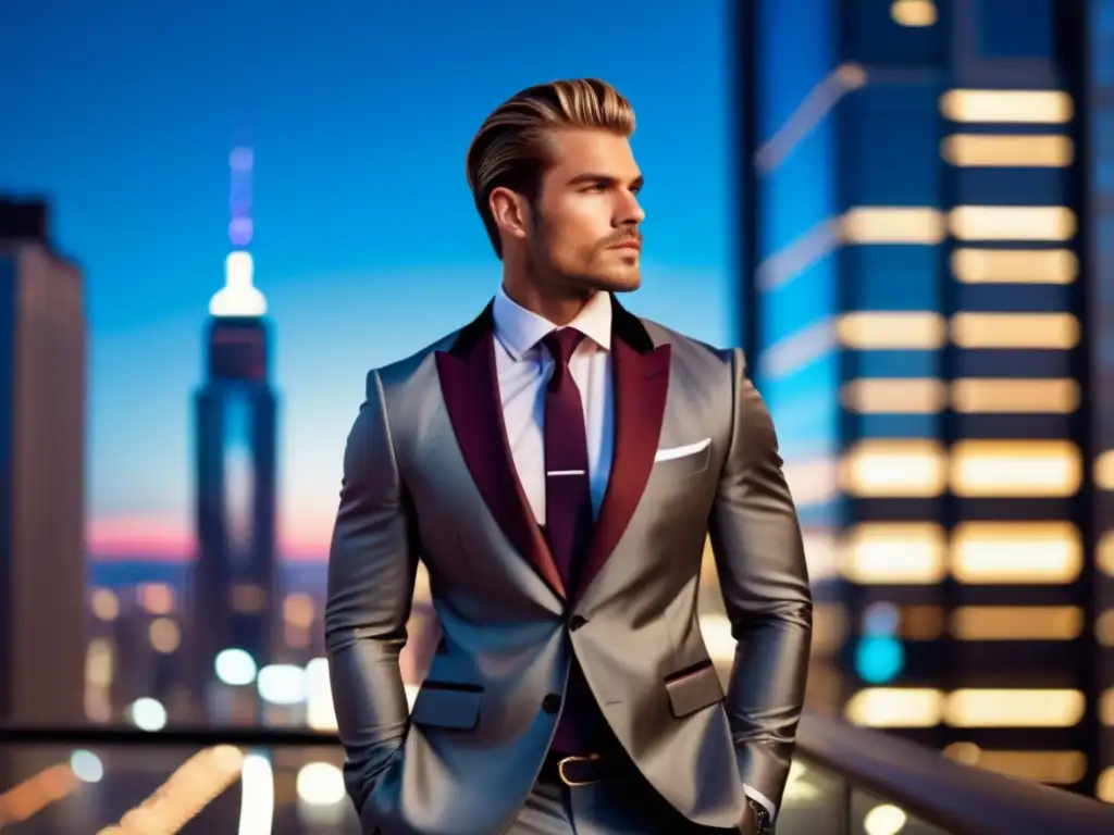 Tendencias moda masculina: modelo urbano sofisticado en traje de alta costura en paisaje urbano luminoso