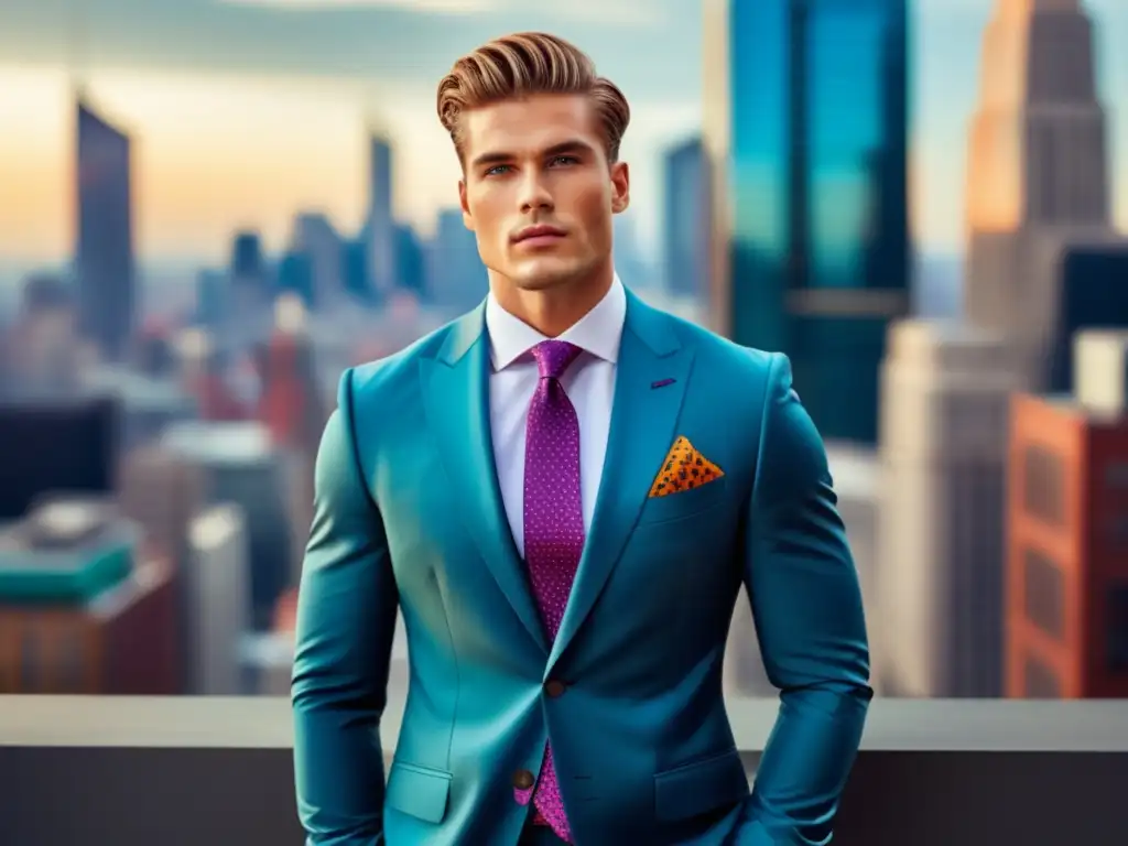 Moda masculina e identidad de género en una imagen de modelo masculino elegante frente a una ciudad vibrante