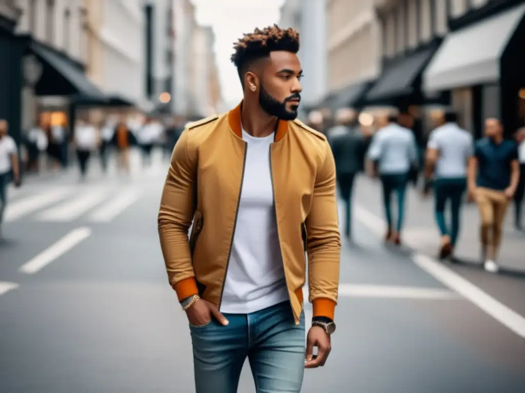 Moda masculina para viaje urbano: hombre elegante caminando por una calle concurrida en la ciudad