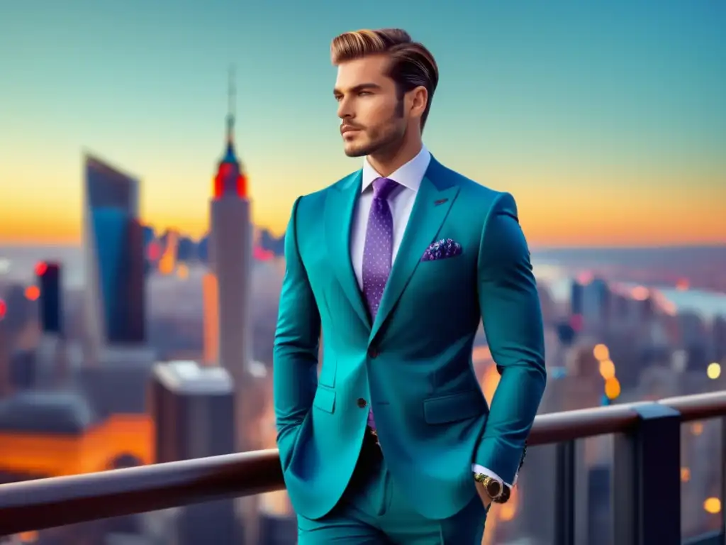 Cambio de imagen masculino efectivo: modelo elegante en la ciudad con traje, accesorios y actitud