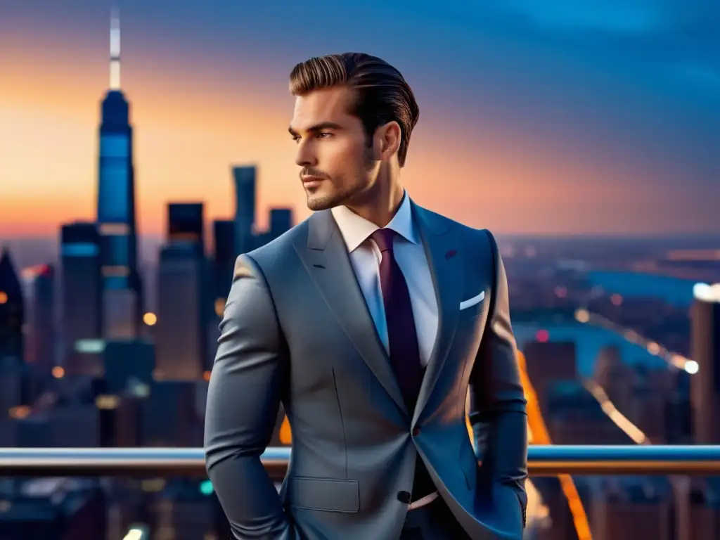 Estrategias publicitarias para moda masculina: Hombre sofisticado en traje elegante en la ciudad al atardecer