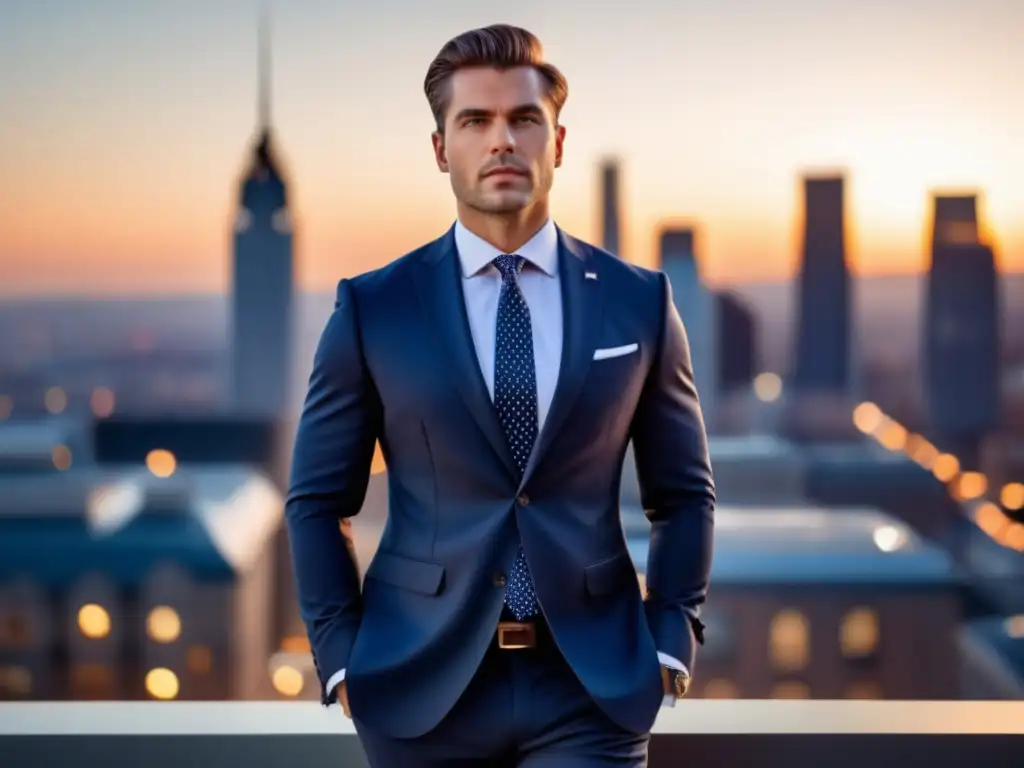 Hombre elegante con traje a medida frente a una ciudad al atardecer