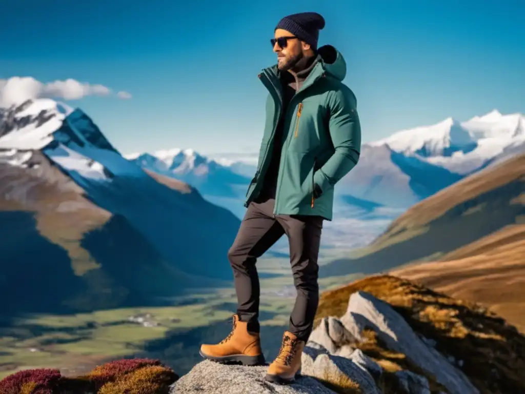 Ropa de montaña para hombres elegantes en paisaje impresionante