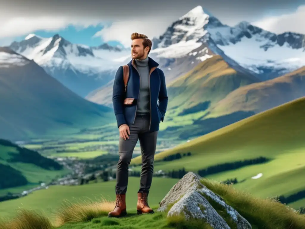 Estilo y comodidad en escapada a la montaña: hombre elegante rodeado de picos nevados, vestido con conjunto moderno