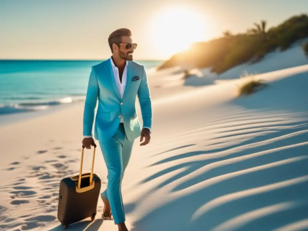 Hombre elegante en playa paradisíaca Hombre elegante en playa, moda y relax