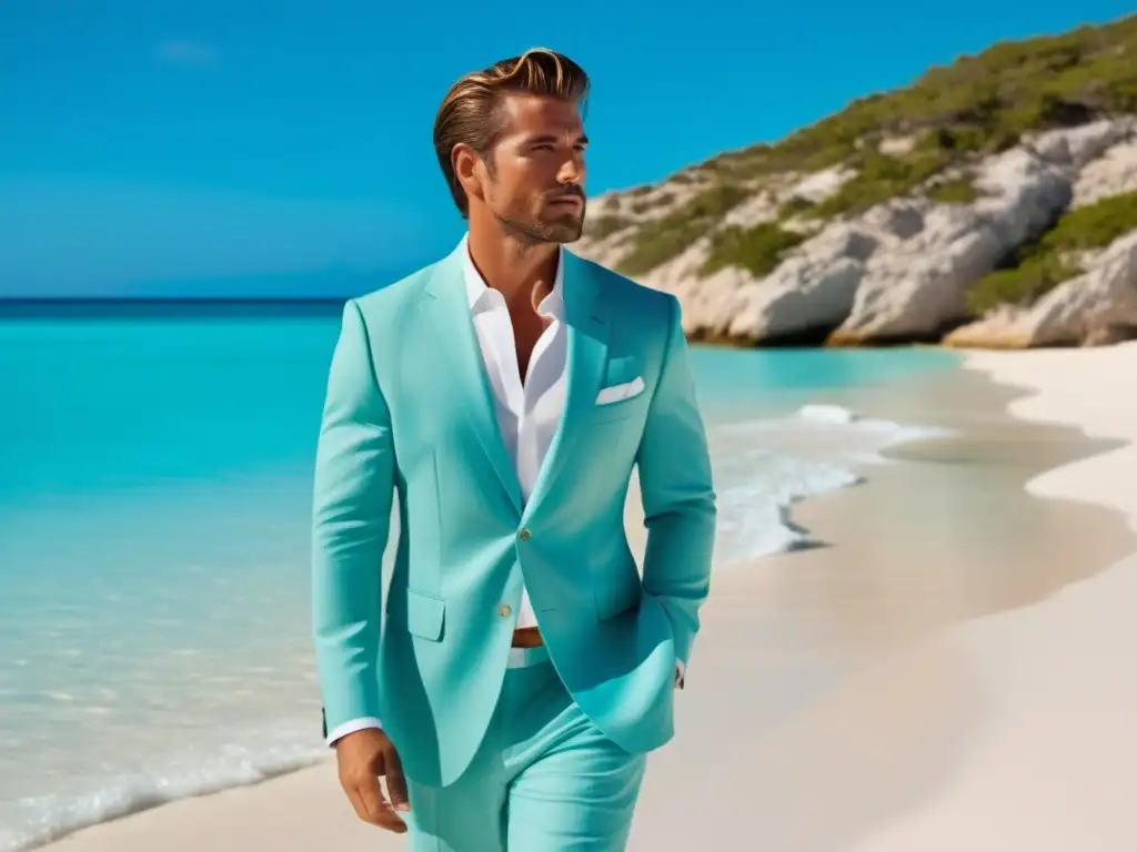 Consejos moda masculina playa: Hombre elegante en playa paradisíaca con aguas turquesa