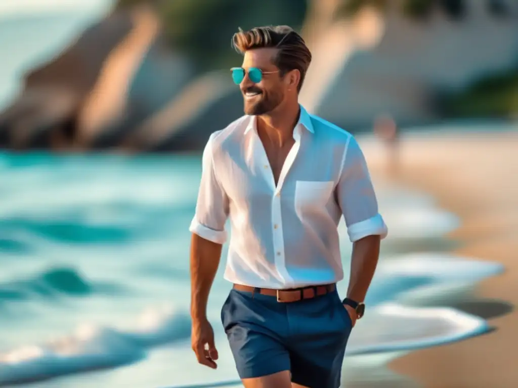Hombre elegante caminando en la playa Hombre elegante en la playa, combinando estilo y comodidad