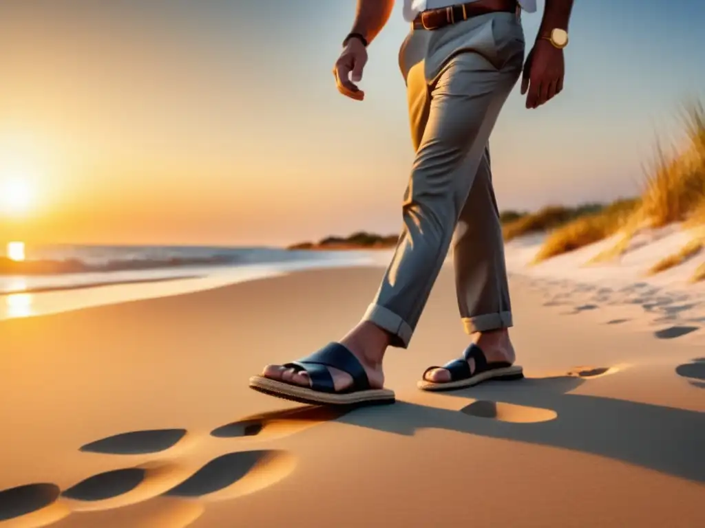 Opciones calzado verano hombre: elegancia, calidad, sofisticación en playa al atardecer