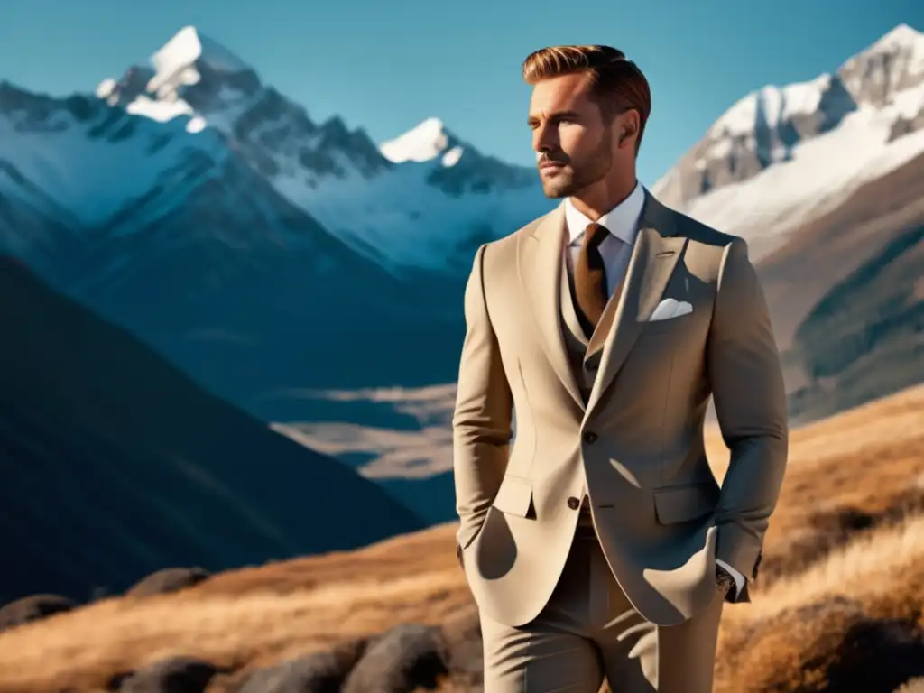 Elegante hombre en las montañas Moda hombre en la montaña: hombre elegante en traje neutro, paisaje montañoso, accesorios vibrantes