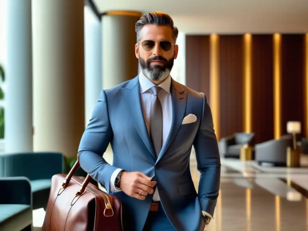 Hombre elegante en hotel lujoso Consejos para viajar con estilo: Hombre elegante en lobby de hotel lujoso con traje a medida, maleta de cuero y actitud segura