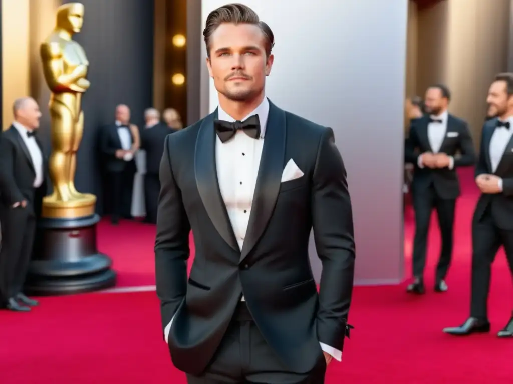 Tendencias moda masculina premios academia: modelo elegante en alfombra roja Oscars, luciendo impecable tuxedo negro y accesorios