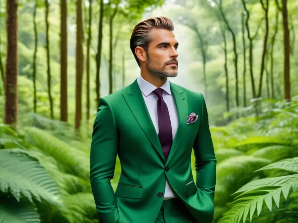 Hombre elegante moda sostenible en bosque verde - Mito moda sostenible hombres