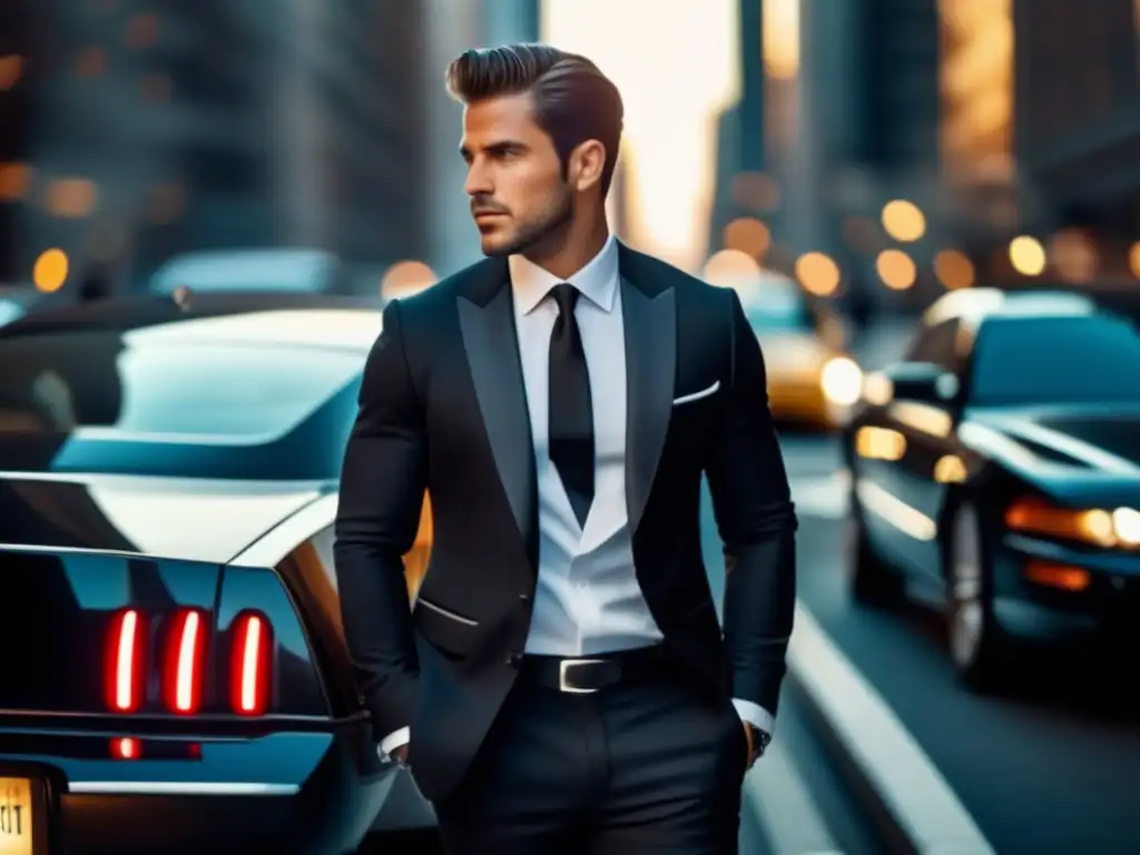 Hombre elegante en la bulliciosa ciudad de Nueva York junto a un lujoso auto negro