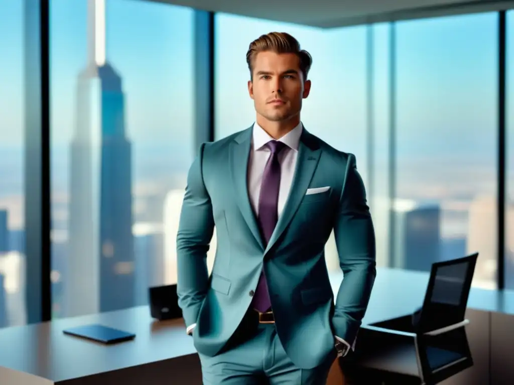 Tendencias moda masculina corporativa 2022: modelo elegante en moderna oficina, traje a medida, estilo contemporáneo y profesional