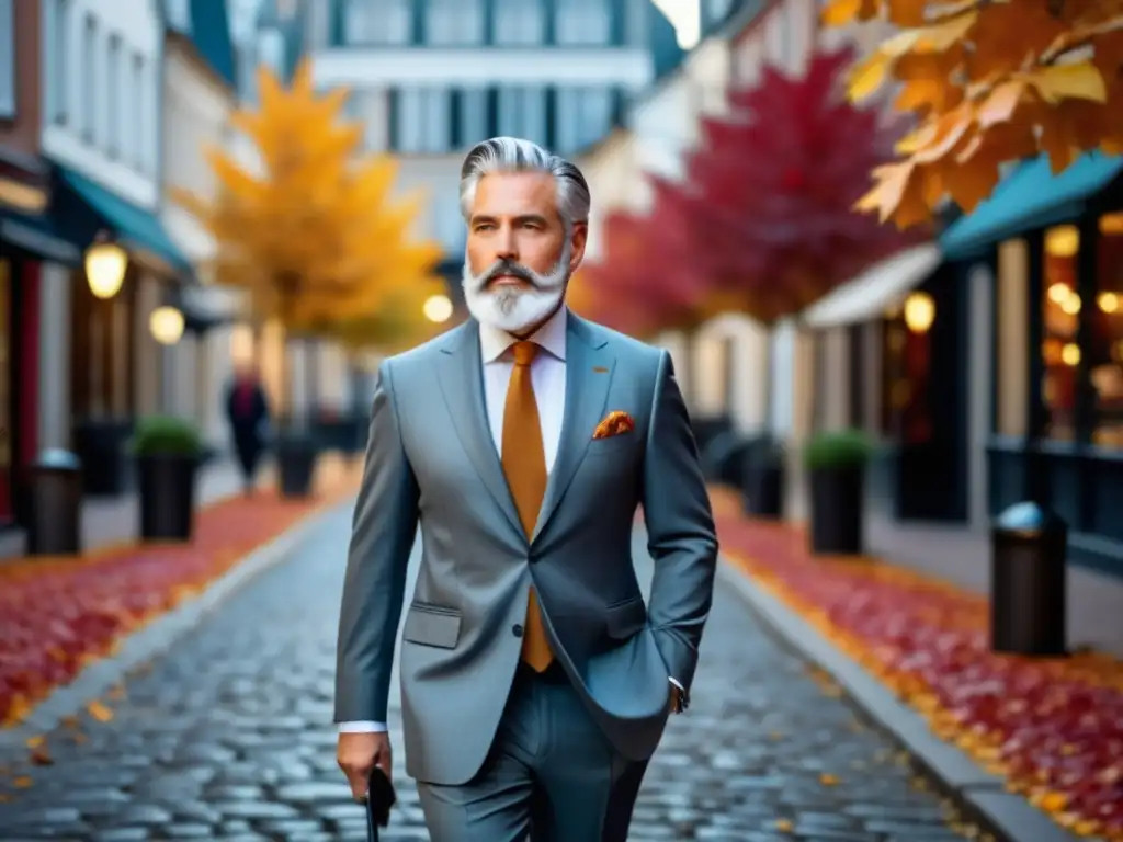 Tendencias moda hombres maduros, hombre elegante en traje pasea por calle adoquinada, hojas otoño colores vibrantes