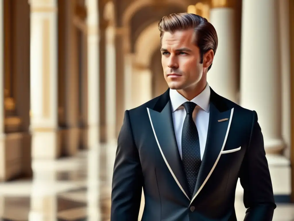 Tendencias moda masculina realeza: Elegante caballero real en traje negro, símbolo de masculinidad y estilo contemporáneo