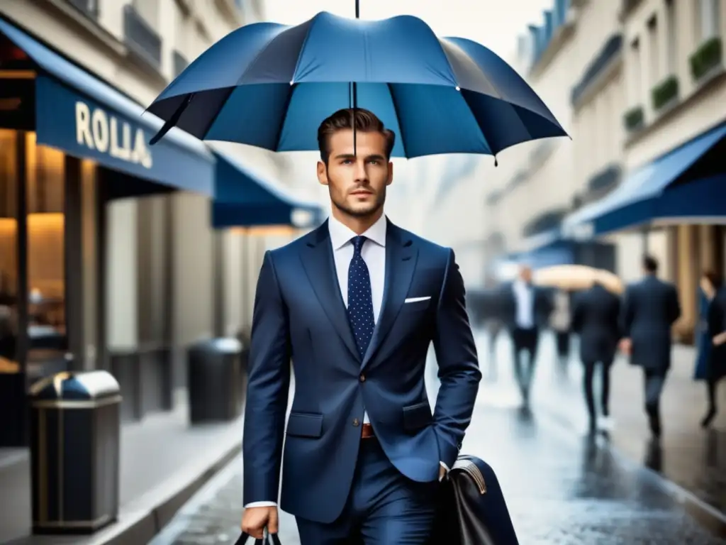 Un elegante caballero europeo camina por una animada calle parisina, luciendo un impecable traje azul marino y accesorios clásicos