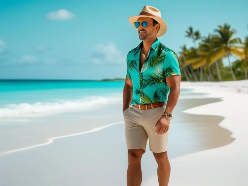 Moda masculina para viajes tropicales: hombre elegante en la playa con agua turquesa y palmeras verdes