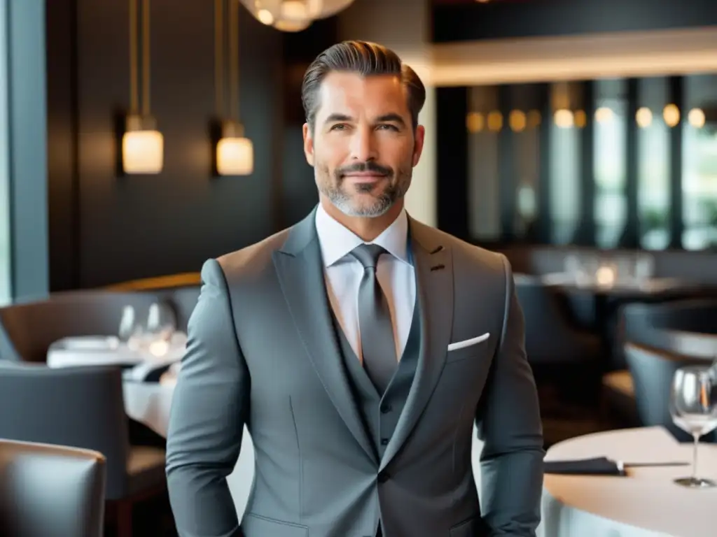 Hombre elegante en restaurante moderno para guía de estilo masculino en cenas de negocios