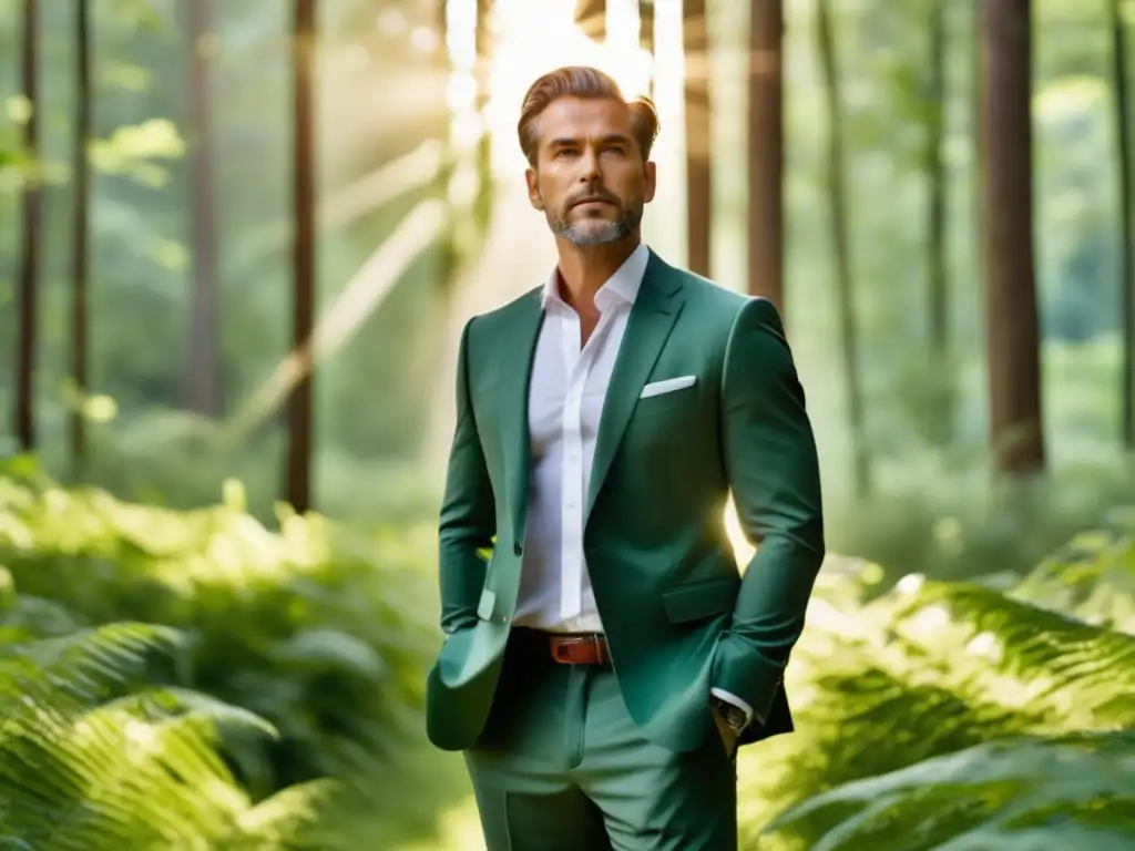 Hombre elegante en ropa sostenible, naturaleza exuberante