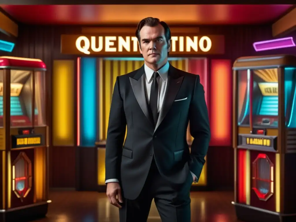 Hombre con traje negro estilo Quentin Tarantino, reflejo de tendencias moda masculina (110 caracteres)