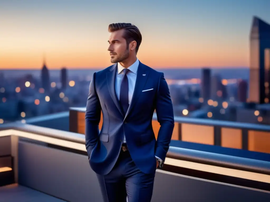 Un hombre elegante y seguro en un traje azul marino perfectamente ajustado, en una terraza moderna con vista a una ciudad vibrante al atardecer