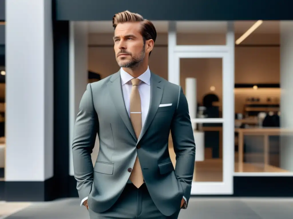 Beneficios moda ética masculina: hombre elegante, tienda moderna, transparencia, sostenibilidad, calidad