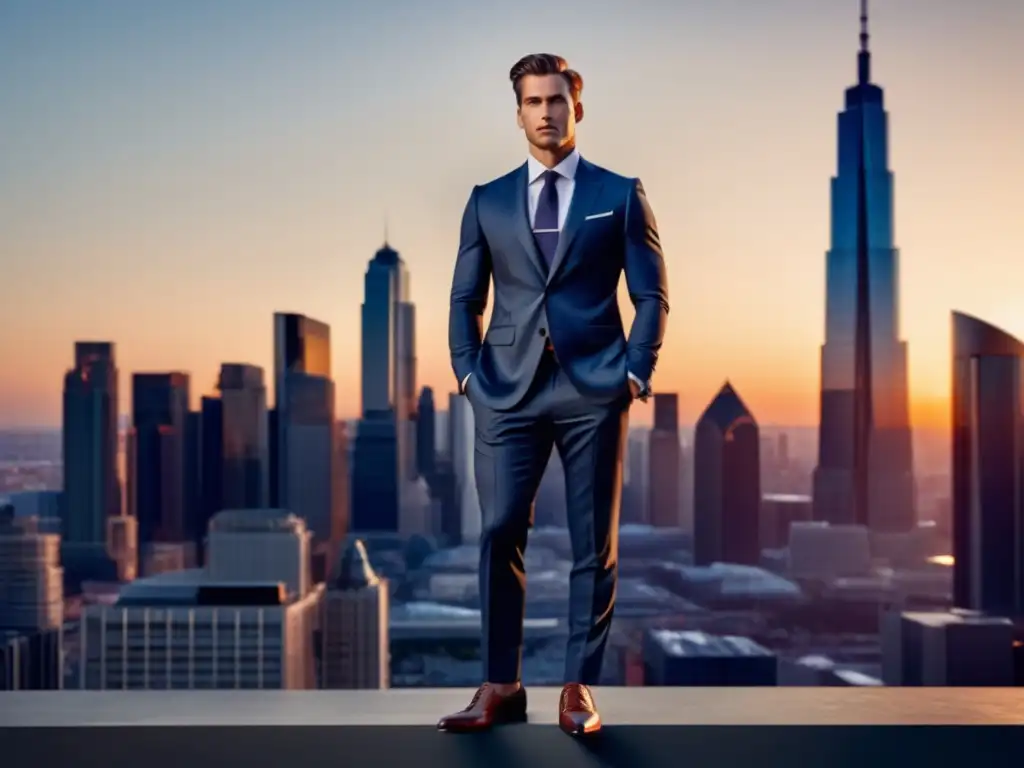 Importancia detalles moda masculina - Hombre elegante con traje, ciudad al atardecer