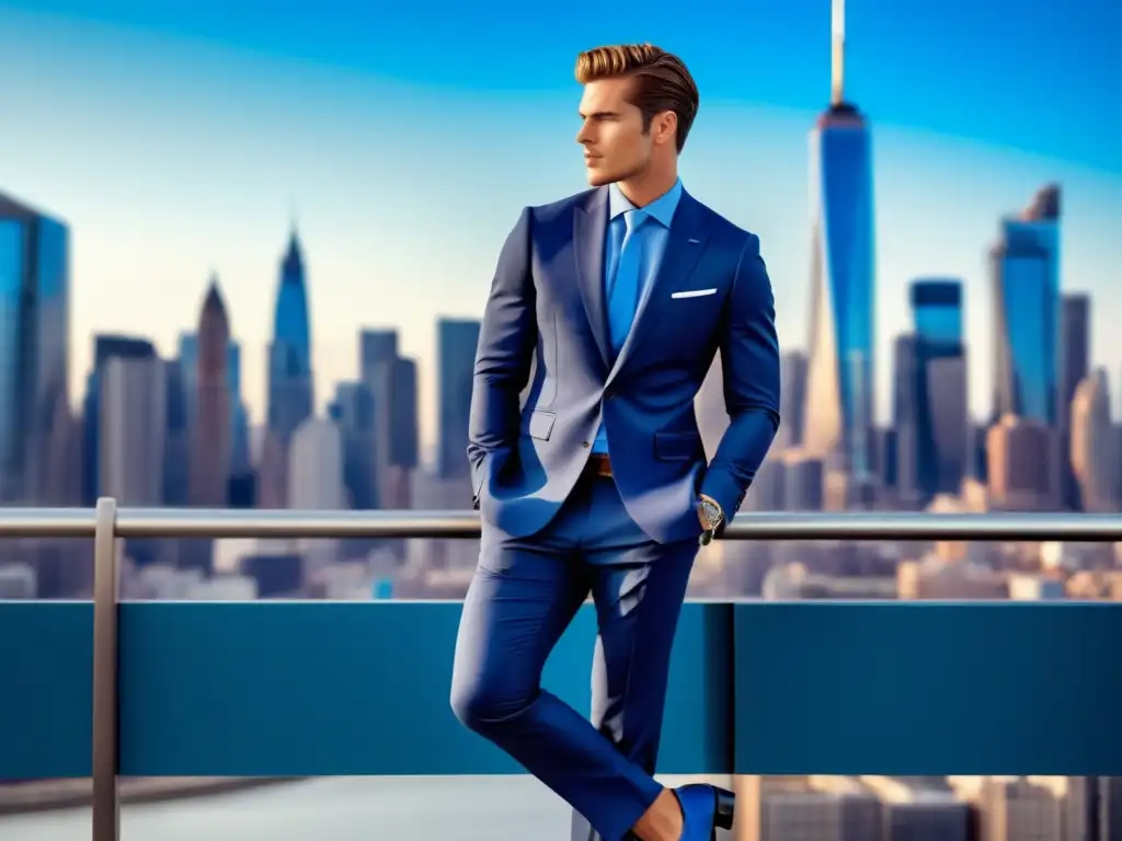 Tendencias de moda masculina globales: Modelo masculino con traje azul, ciudad moderna de fondo, zapatos elegantes, reloj llamativo y mochila de cuero